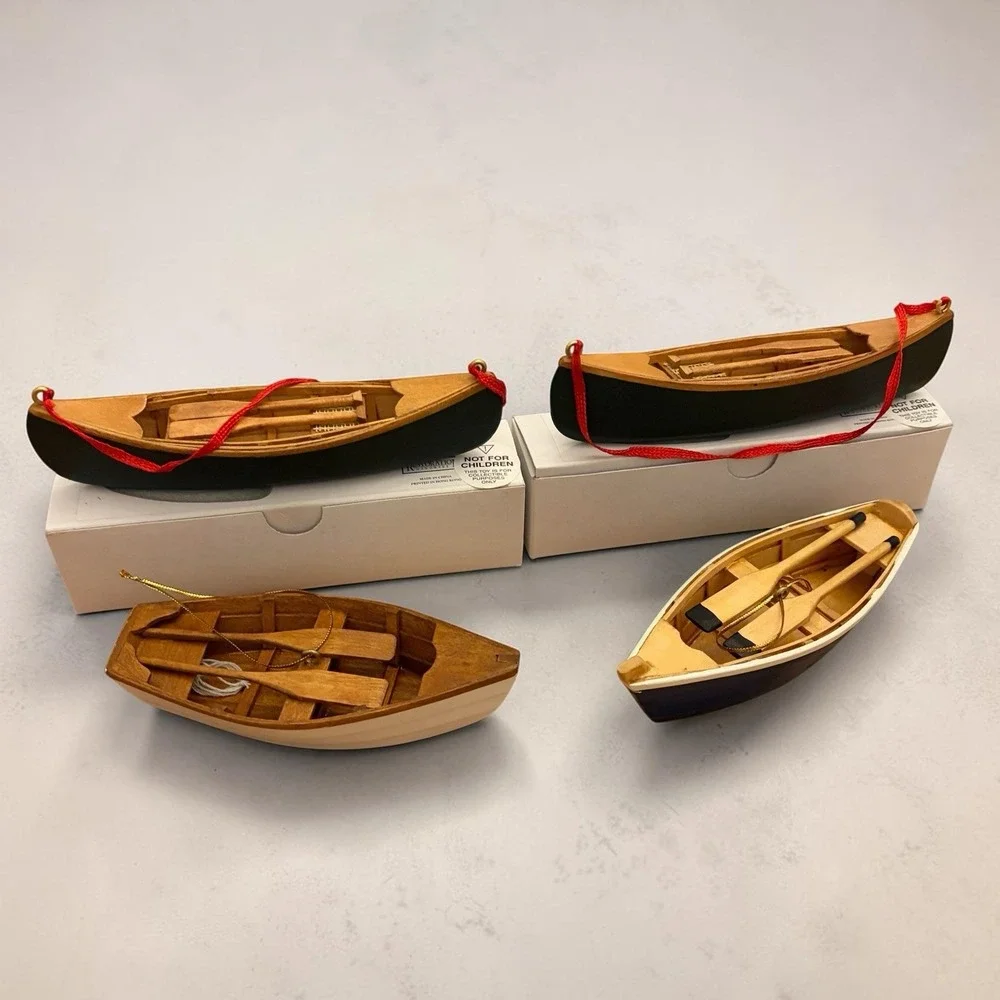 Vintage Restoration Hardware Canoe Christmas Ornaments Wood Boat Lot of 4